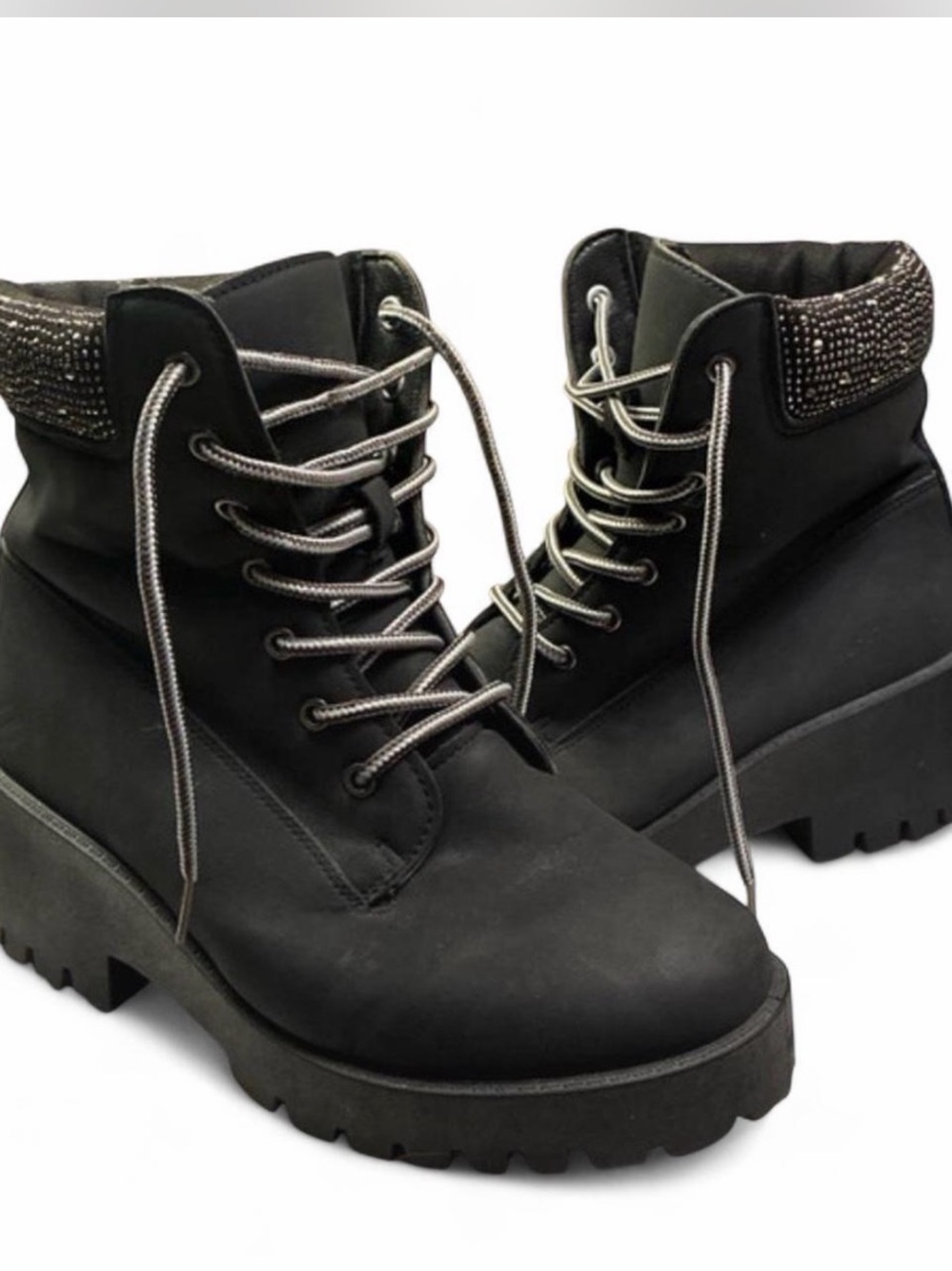 Rogue Black Lace-Up Platform Ankle Boots with Embellished Collar